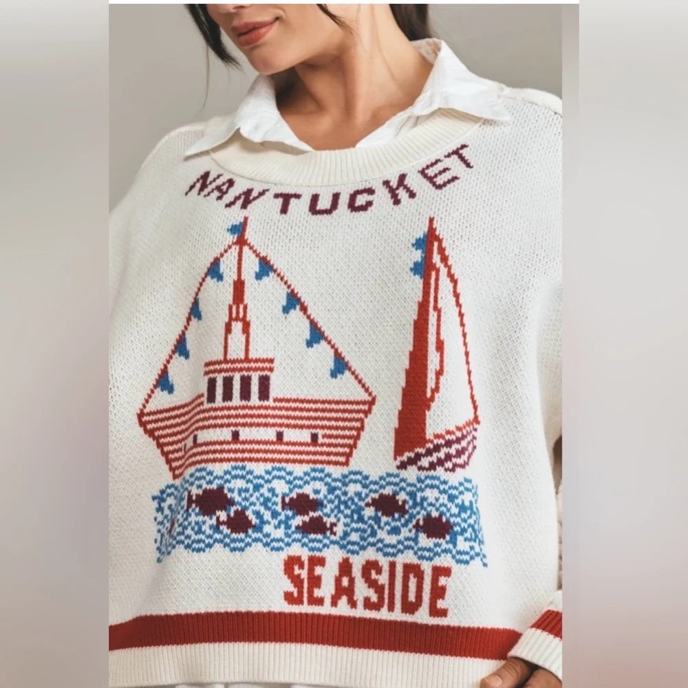 Anthropologie Maeve Nantucket Graphic Cable Knit Sweater - Cream & Red Sz L NWT - Picture 5 of 9
